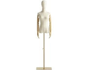 Manichino femminile con abito, corpo manichino da esposizione con testa rimovibile, indicatore in legno e stantuffo regolabile in oro da 140 cm a 200 cm di altezza, per la presentazione di accessori, beige.