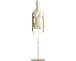 Manichino femminile con abito, corpo manichino da esposizione con testa rimovibile, indicatore in legno e stantuffo regolabile in oro da 140 cm a 200 cm di altezza, per la presentazione di accessori, beige.