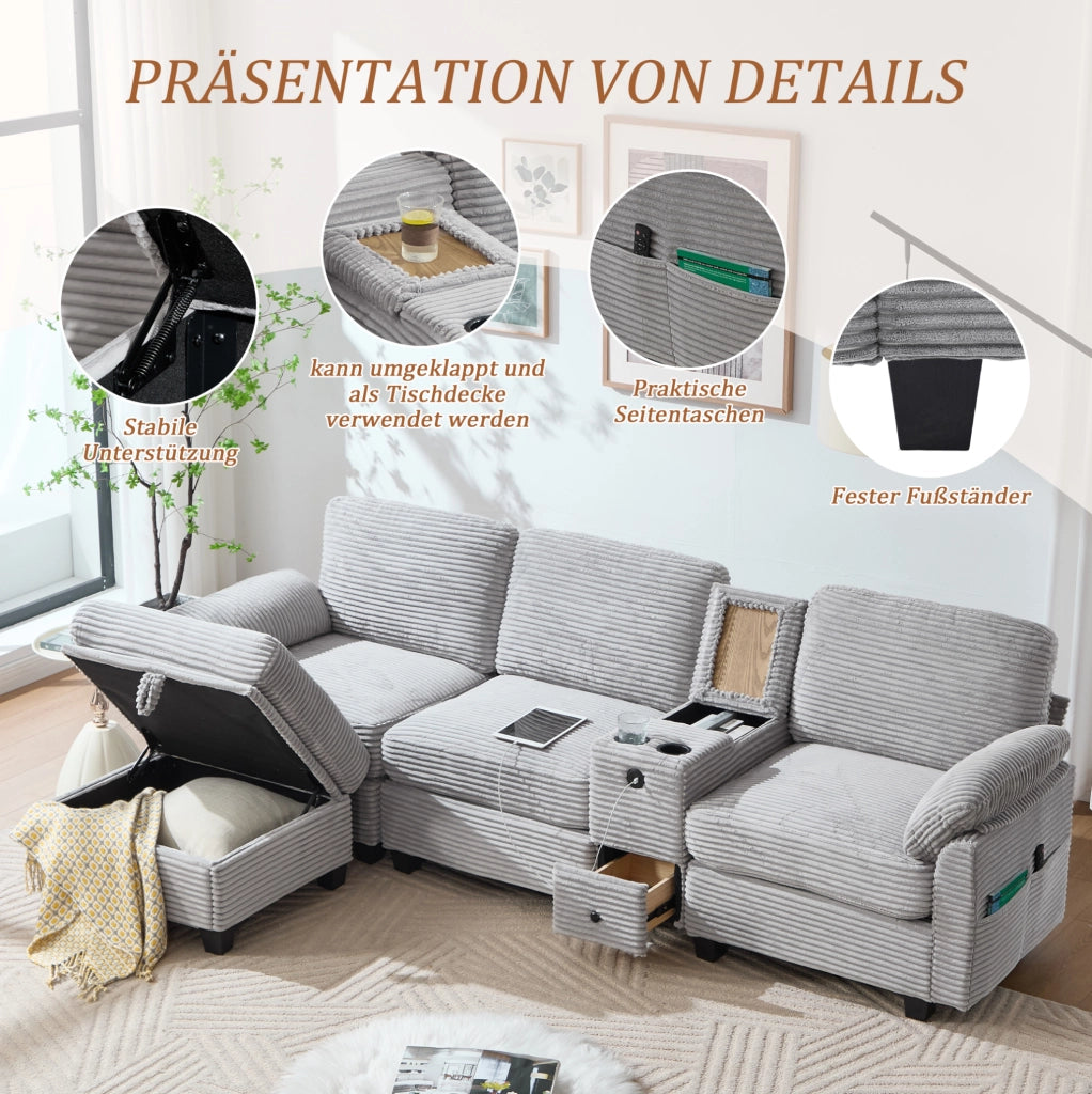 Divano modulare in corduroy grigio chiaro con memory foam; USB-C e pouf contenitore 266 cm
