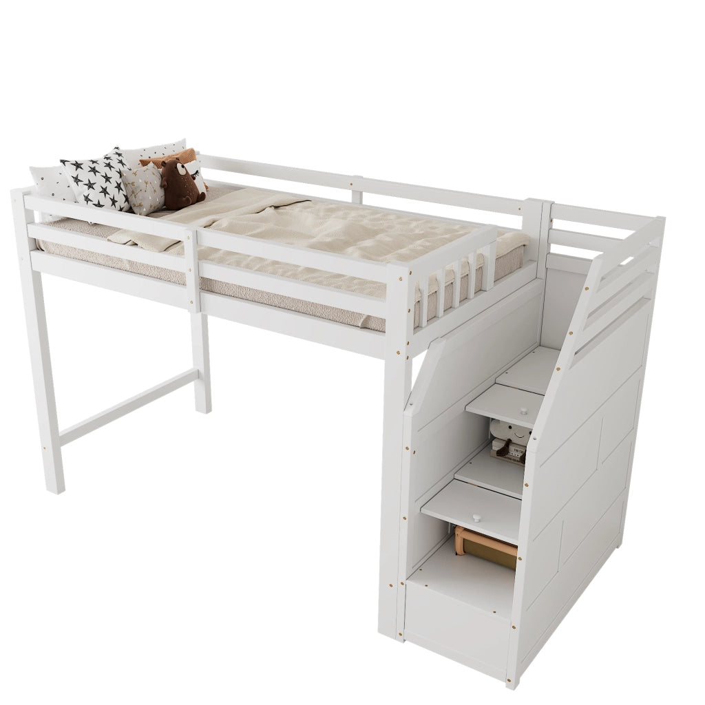 Letto a soppalco in pino con scala contenitore e LED, 90x200 cm, bianco