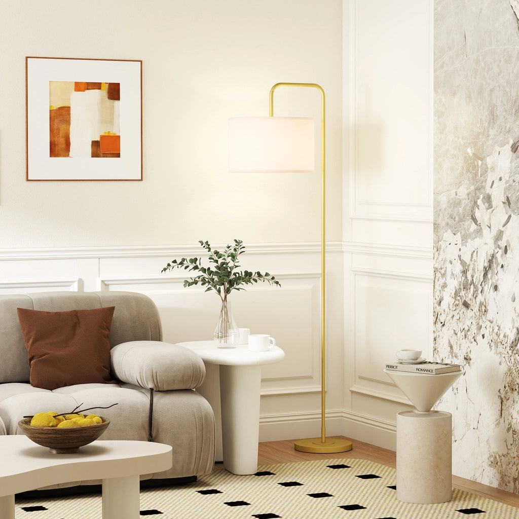 Lampada da Terra Moderna con Paralume in Lino Sintetico ¨C zephmum ¨C 64x38x163,5 cm Bianco e Dorato