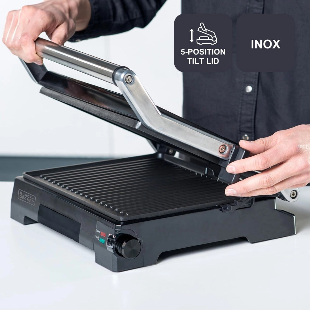 Black+decker bxgr2200e - grill e piastra per grigliare, 2200 w, apertura 180°, piastra antiaderente senza pfoa, 14,5 x 23 cm, coperchio con posizioni inclinabili