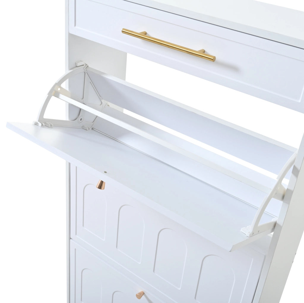 Scarpiera moderna bianca 140x25x123;5 cm in MDF con 12 ripiani aperti e 2 cassetti