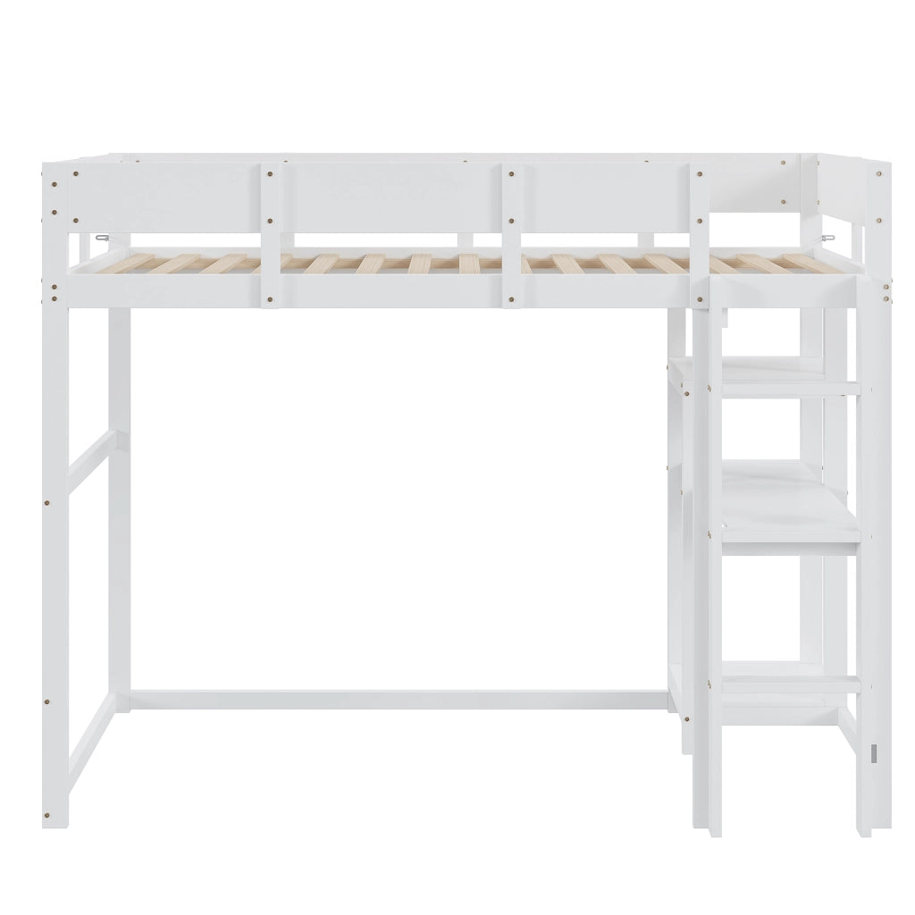 Letto a soppalco singolo 90×200 cm con ripiano e barriere; senza materasso; legno; bianco