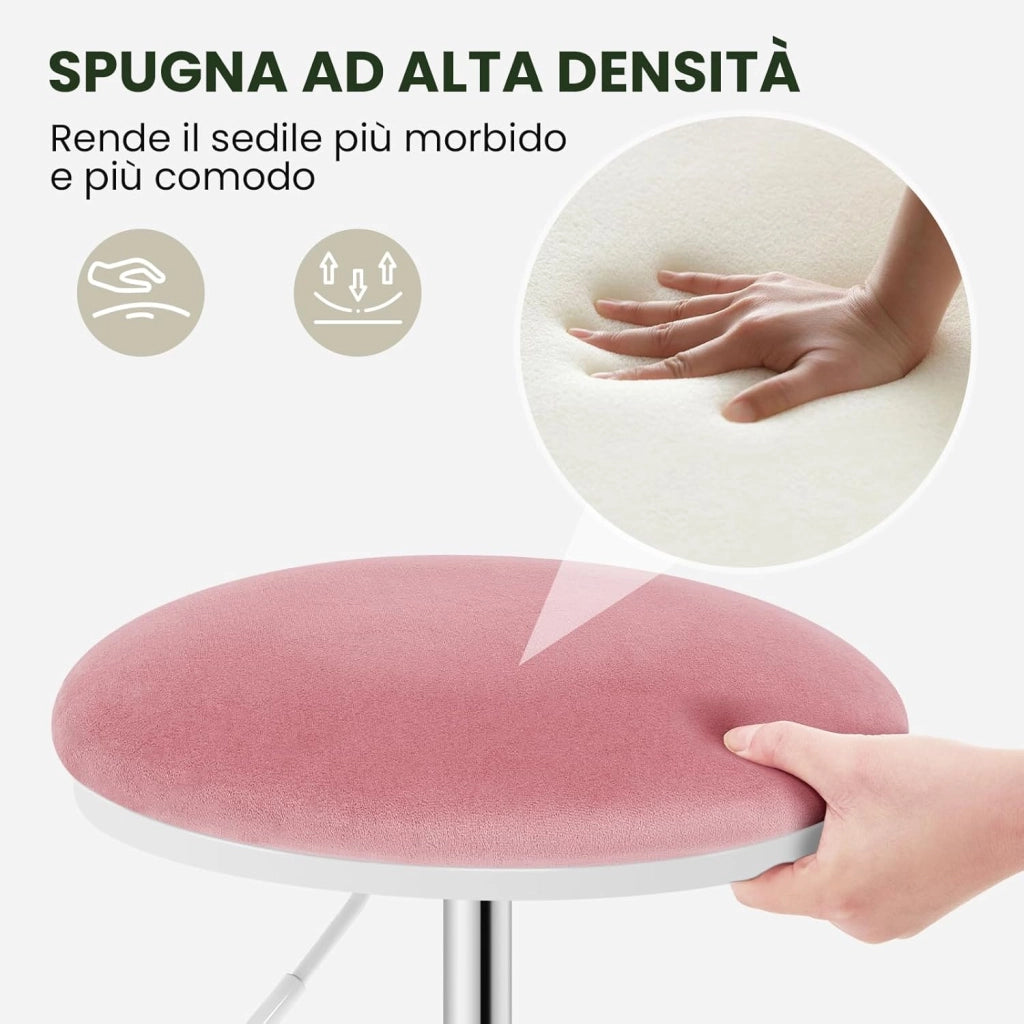 Sedia da Ufficio Regolabile in Altezza, Sgabello Girevole a 360°con Rotelle, Sedia da Trucco per Camera da Letto Studio Soggiorno Cucina, 45,5-57,5 cm, Velluto, Rosa, 0177BGY
