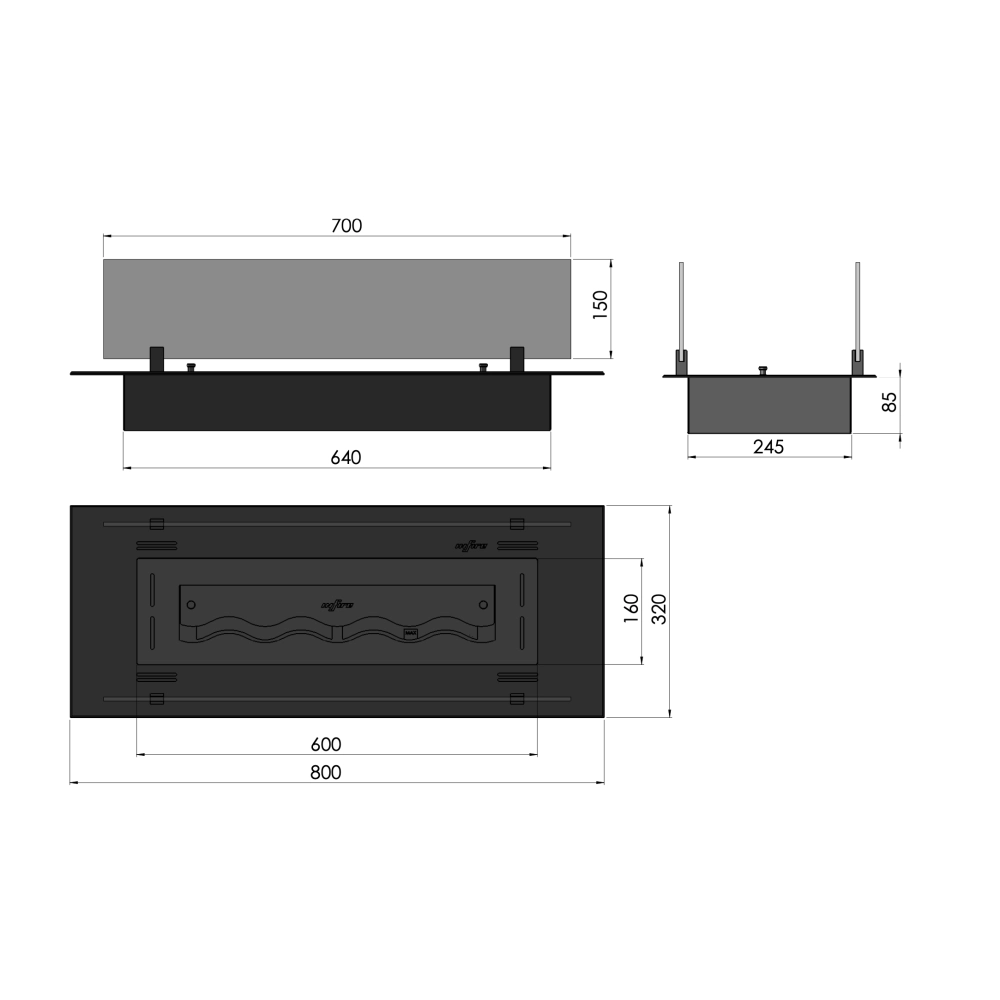 Bruciatore Inserto a Bioetanolo 80cm in Inox nero da incasso o appoggio da 1,2 lt con vetri inclusi