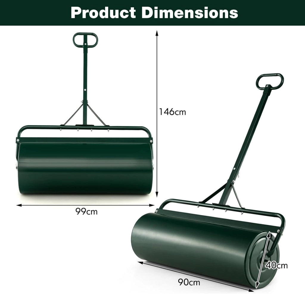 Rullo da Giardino Ø40 cm e 90 di Larghezza, Rullo da Prato in Metallo Manuale e per Trattorino, Rullo con Raschiatore Antisporco e Riempibile con Acqua/Sabbia (Verde, 113L)