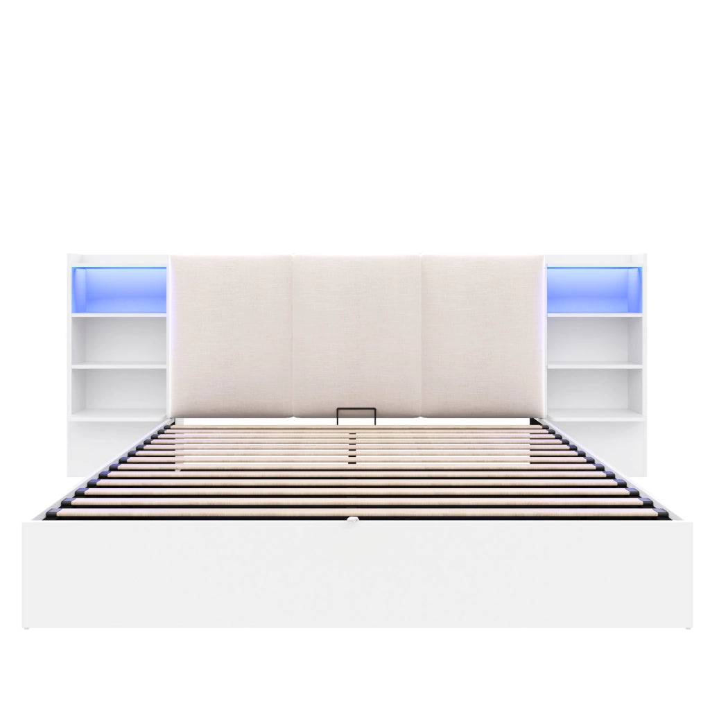 DESMIU Lit coffre 180 × 200 cm 2 posti con 6 vani, LED, senza materasso, in MDF e compensato, bianco