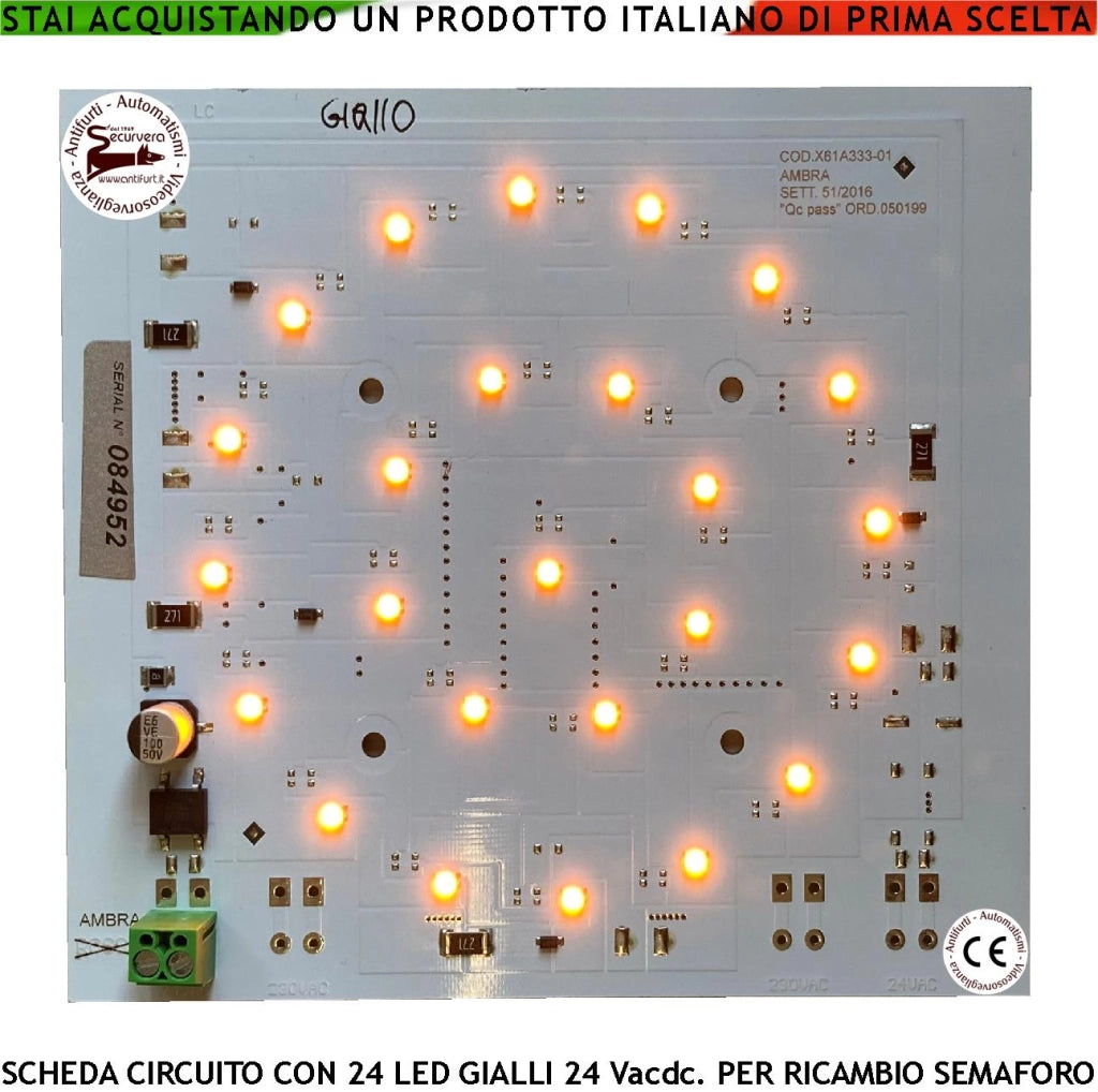 Scheda Elettronica con 24 LED Gialli Alta Luminosità Alimentazione 24 Vacdc 3 W Ricambio per Semaforo Luce Gialla Puntiforme Semafori Omologati a Led Parcheggio