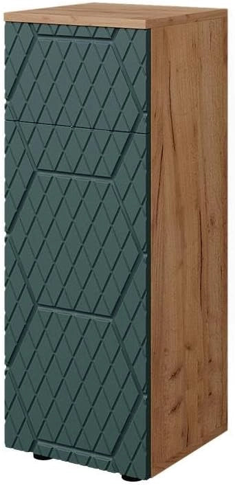 Mobile midi Irma, Quercia verde/oro, 30 x 81 cm con 1 cassetto, 2 scomparti, bagno, per la conservazione in bagno, abbinabile alla serie Irma