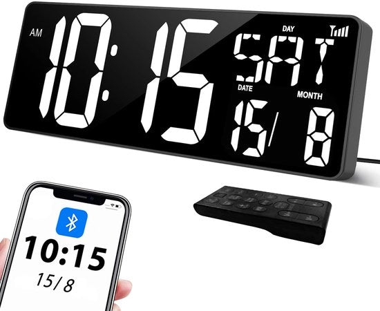 Orologio digitale 17'', calibrazione automatica Bluetooth, regolazione luminosità e volume, orologio digitale con tempo/data/temperatura per uso domestico, cucina, classe.