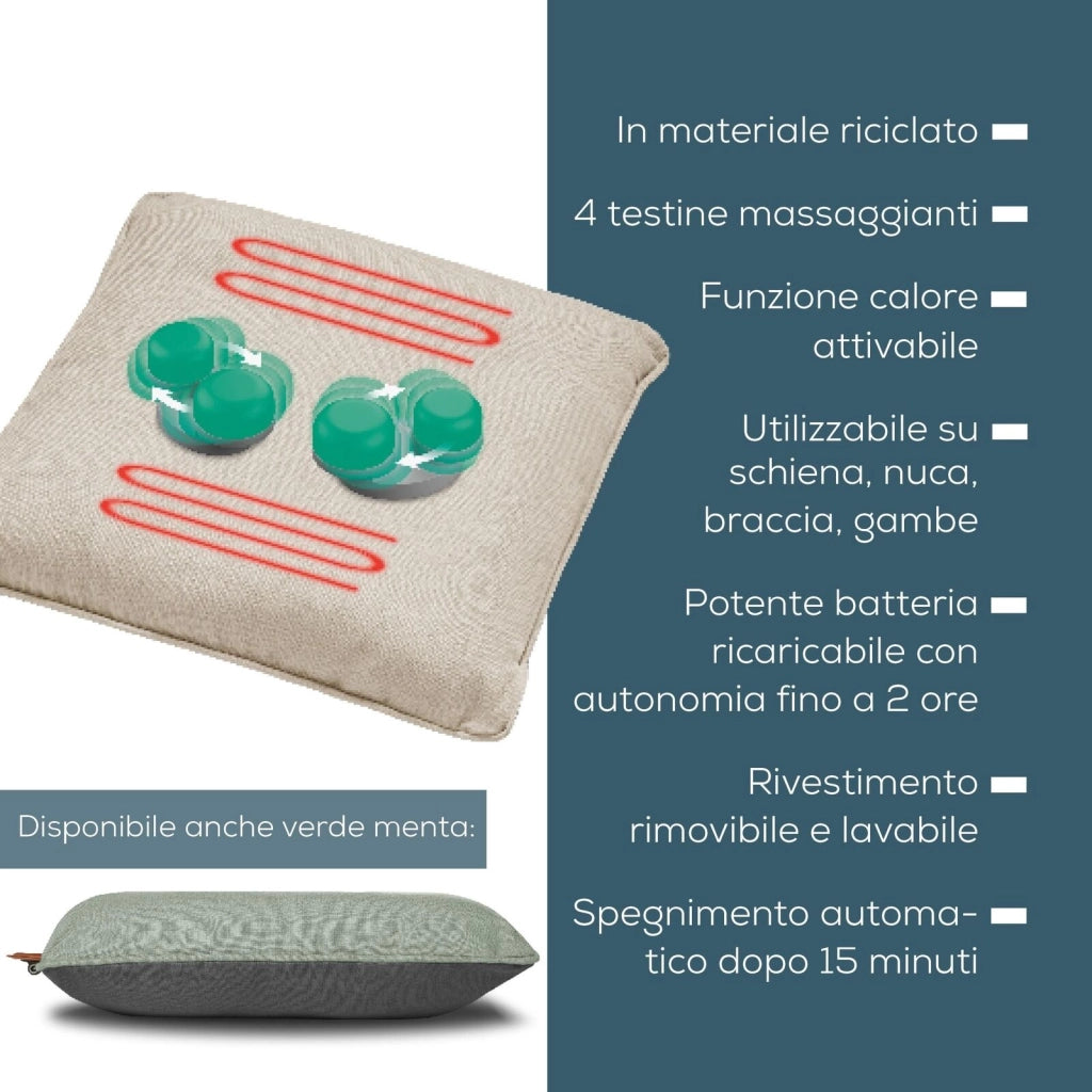 Beurer MG 139 - Cuscino massaggiante a batteria con funzione di calore, senza fili Shiatsu, calore commutabile, realizzato in materiale riciclato, lavabile in lavatrice, spegnimento automatico, 40 x