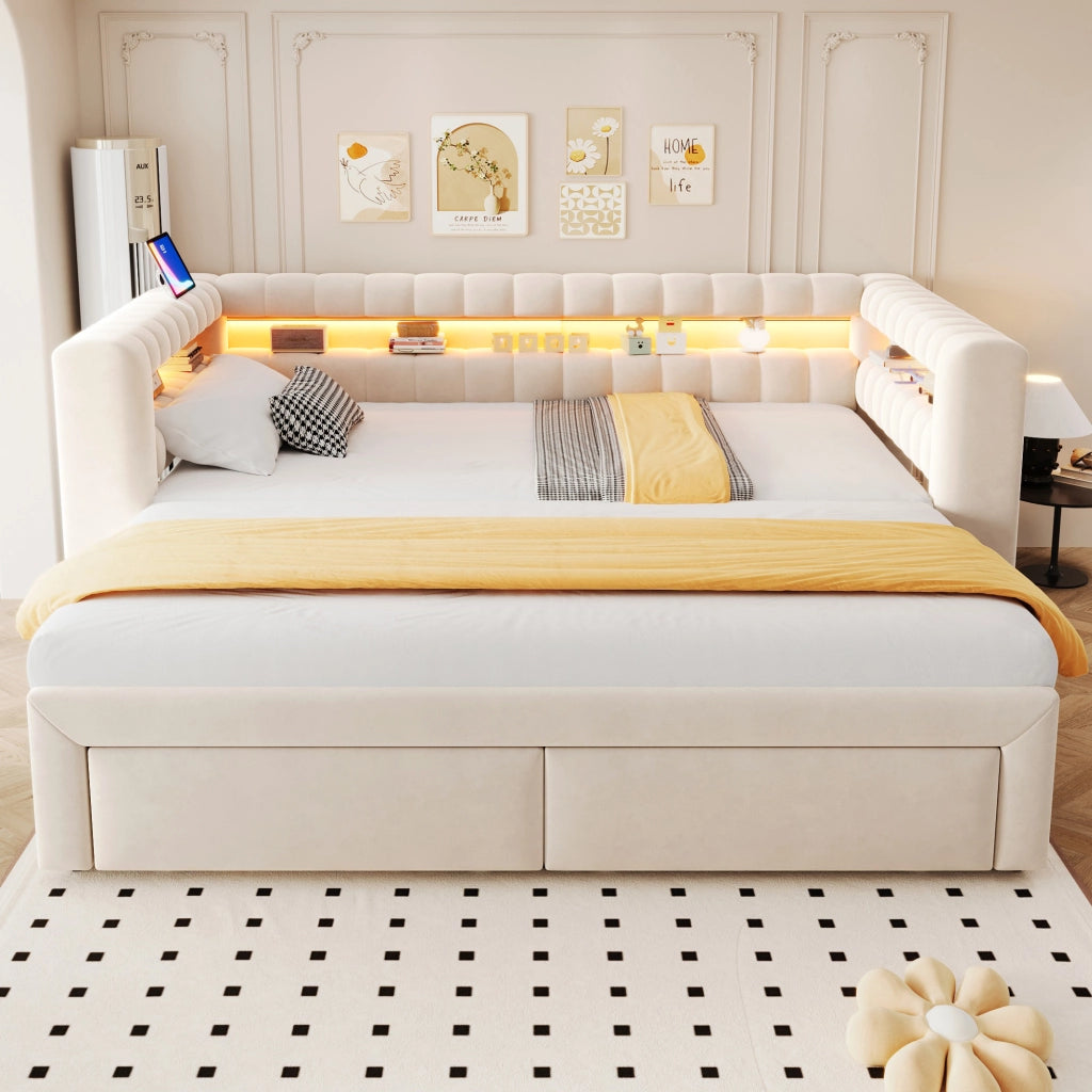 Letto estraibile imbottito in velluto beige con due cassetti vani contenitore LED USB e Type-C