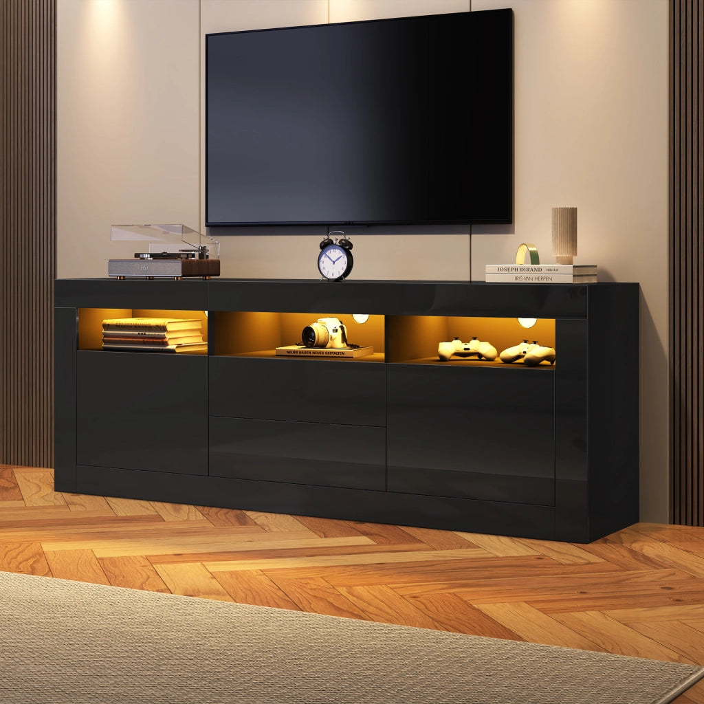 Mobile TV con 2 Ante; 2 Cassetti e 3 Vani Aperti e LED; Nero Lucido; Soggiorno; 160¡Á35¡Á60 cm; in Truciolare