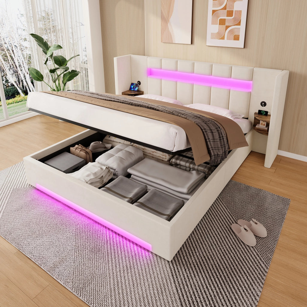 LETTO Contenitore 180x200 cm in velluto beige con LED, USB e cassetti laterali