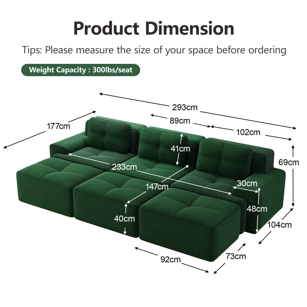 Divano Angolare Modulare 3 Posti con Schlaffunktion ¨C MINIMAL ¨C Verde, Tessuto, con 3 Sgabelli