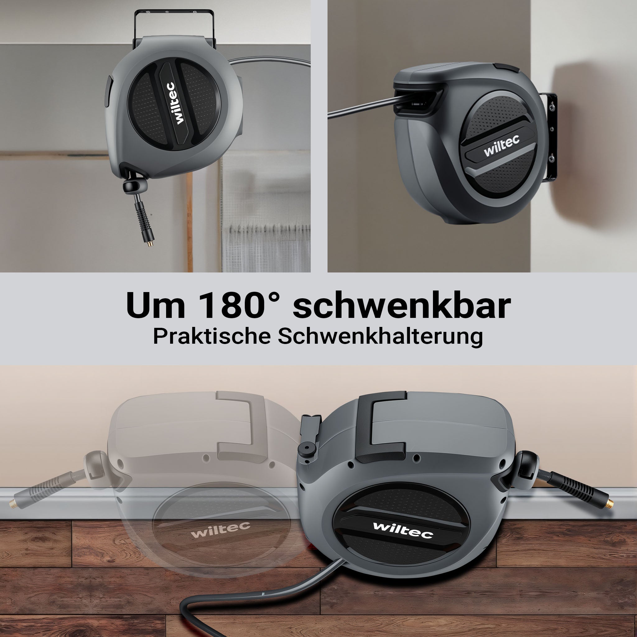 Avvolgitubo automatico per aria compressa 15 m, avvolgitubo in acciaio, 17 bar, con supporto girevole a 180°