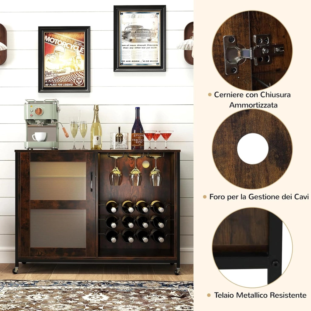 Mobile Bar per Vino con Luce LED, Credenza Buffet da Cucina con Ruote, Ripiani Regolabili, Supporti per Bicchieri e Bottiglie, per Sala da Pranzo e Soggiorno, 108 × 40 × 81 cm