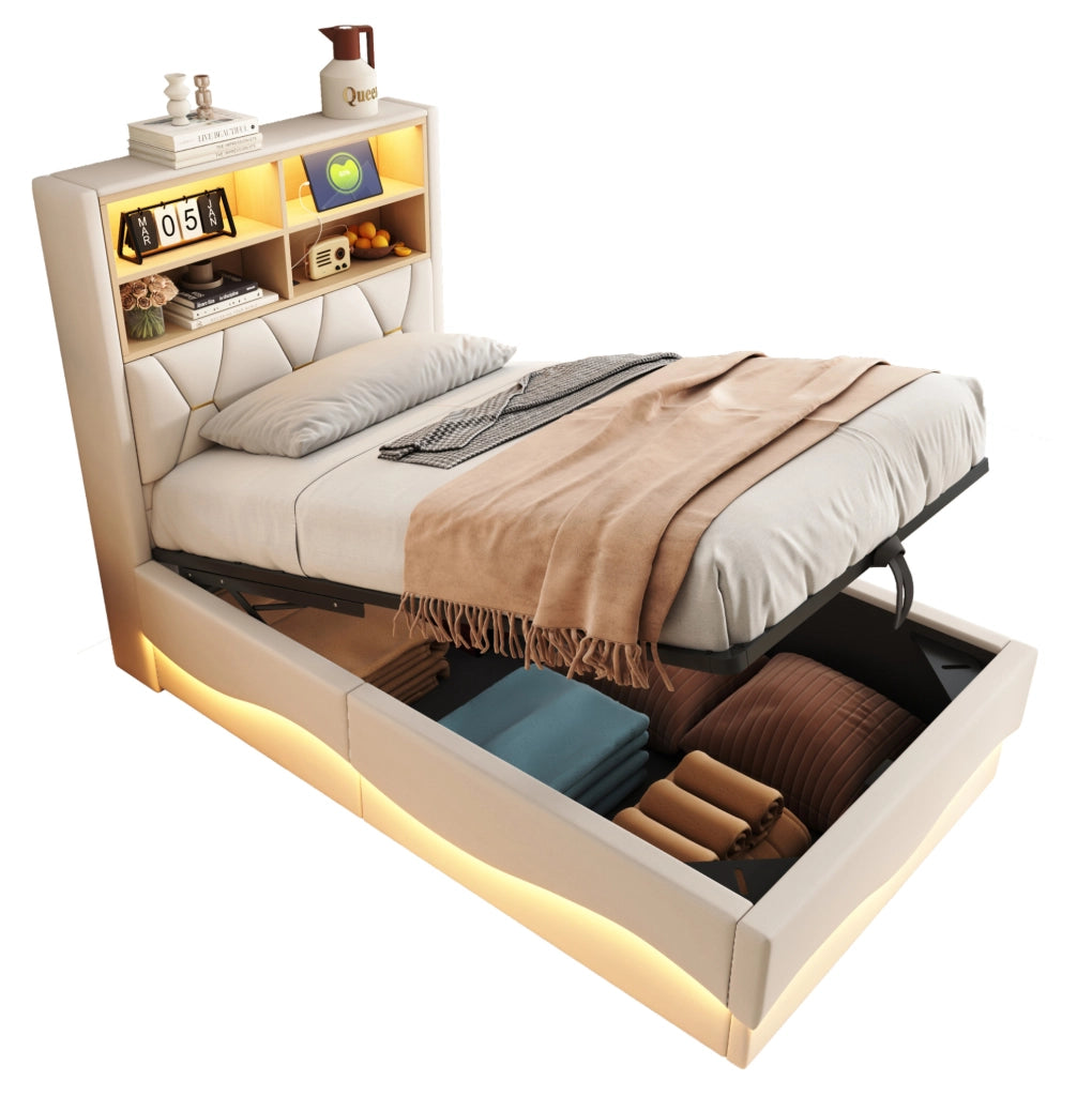 Letto multifunzione per bambini e ragazzi 90x200 cm con LED; USB e contenitore; beige