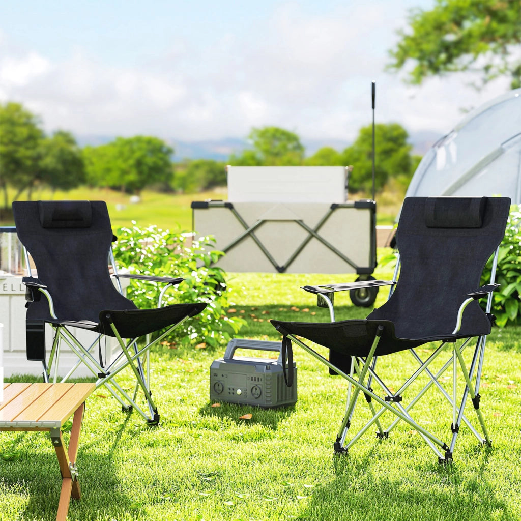 Set 2 Sedie Pieghevoli 82x50-100x88 cm con Poggiapiedi e Portabicchieri Nero