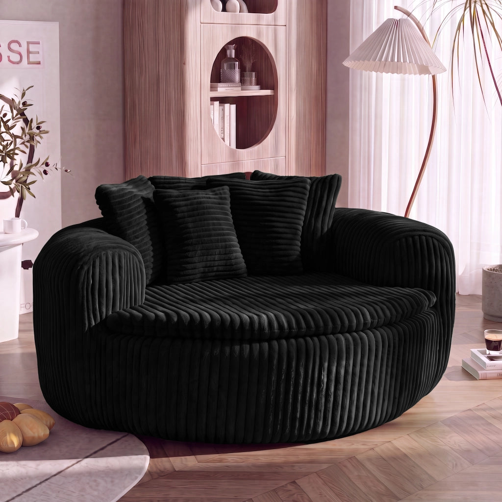 Poltrona lounge 145x133x59 cm con 5 cuscini in velluto a coste nero
