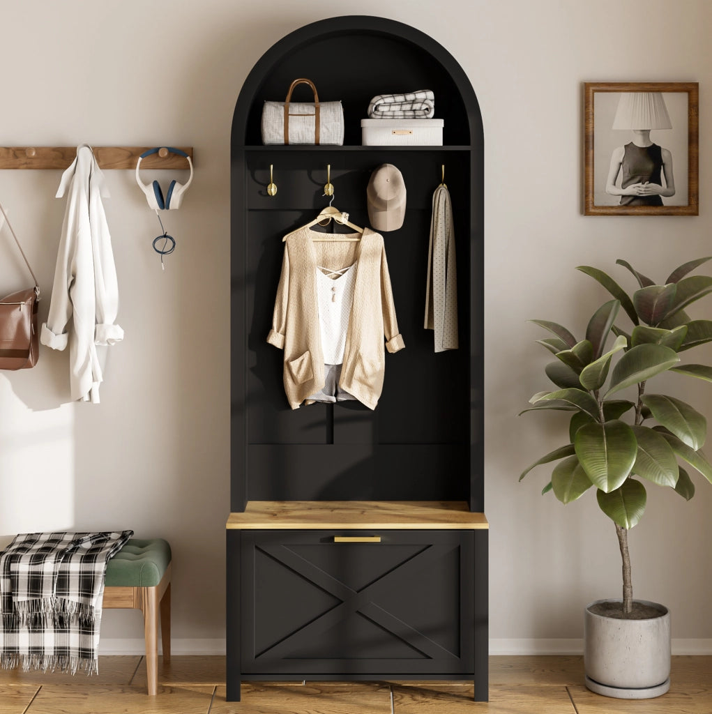Mobile guardaroba da ingresso con ganci; vano scarpe e ripiano in MDF; 75 x 35 x 195 cm; legno e nero