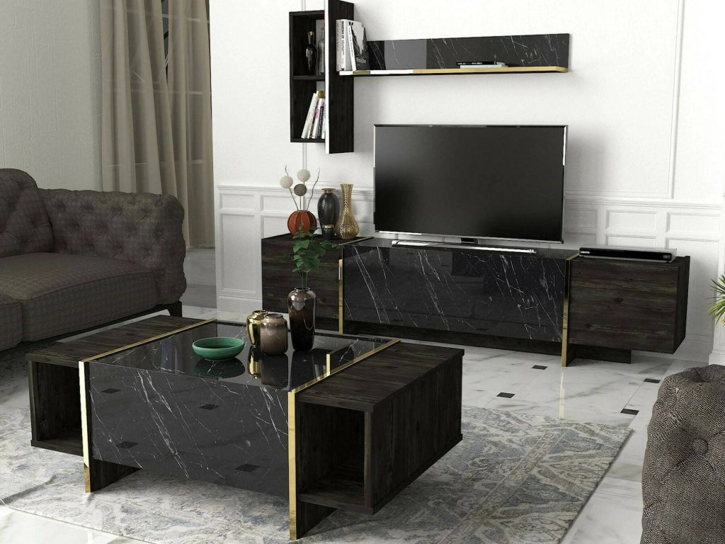 Tavolino da salotto Salvador, Tavolo basso da caffè, Portariviste per divano, Ripiano da soggiorno, 104x60h37 cm, Nero e Oro