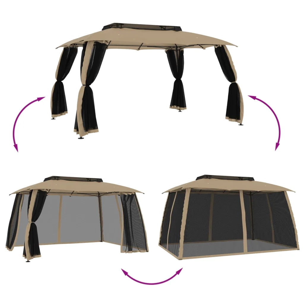 Gazebo | Pergolato con Tetto Doppio/Pareti Rete Tortora 3,93x2,93 m Acciaio