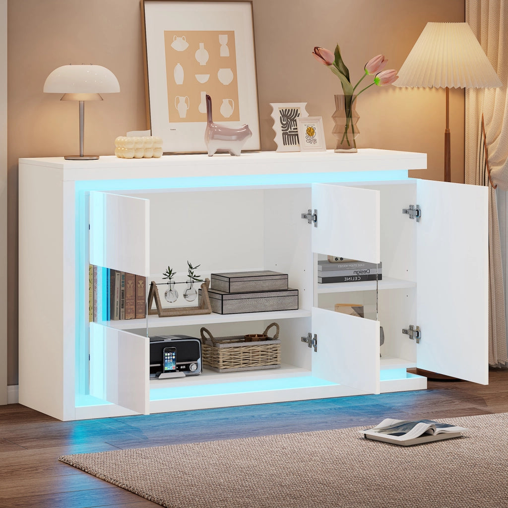 Credenza con LED e 3 ante in truciolare con 2 ante in vetro temperato, per soggiorno e ufficio, bianca, 140 × 40 × 84 cm