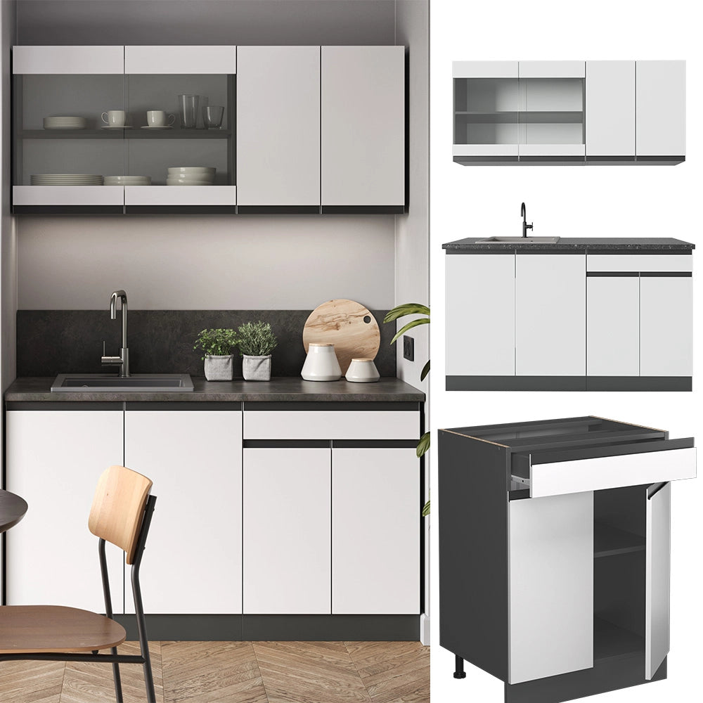 Vicco Cucina completa Bianco/antracite 140 cm Forma a J