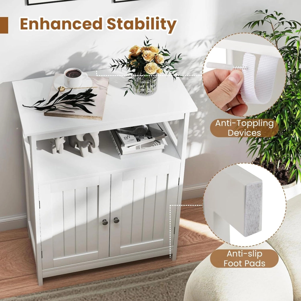 Armadietto da bagno con ripiano aperto e doppia porta, 60 x 30 x 80 cm, con sistema di sicurezza ribaltabile, armadietto multiuso per soggiorno, bagno e cucina (bianco)