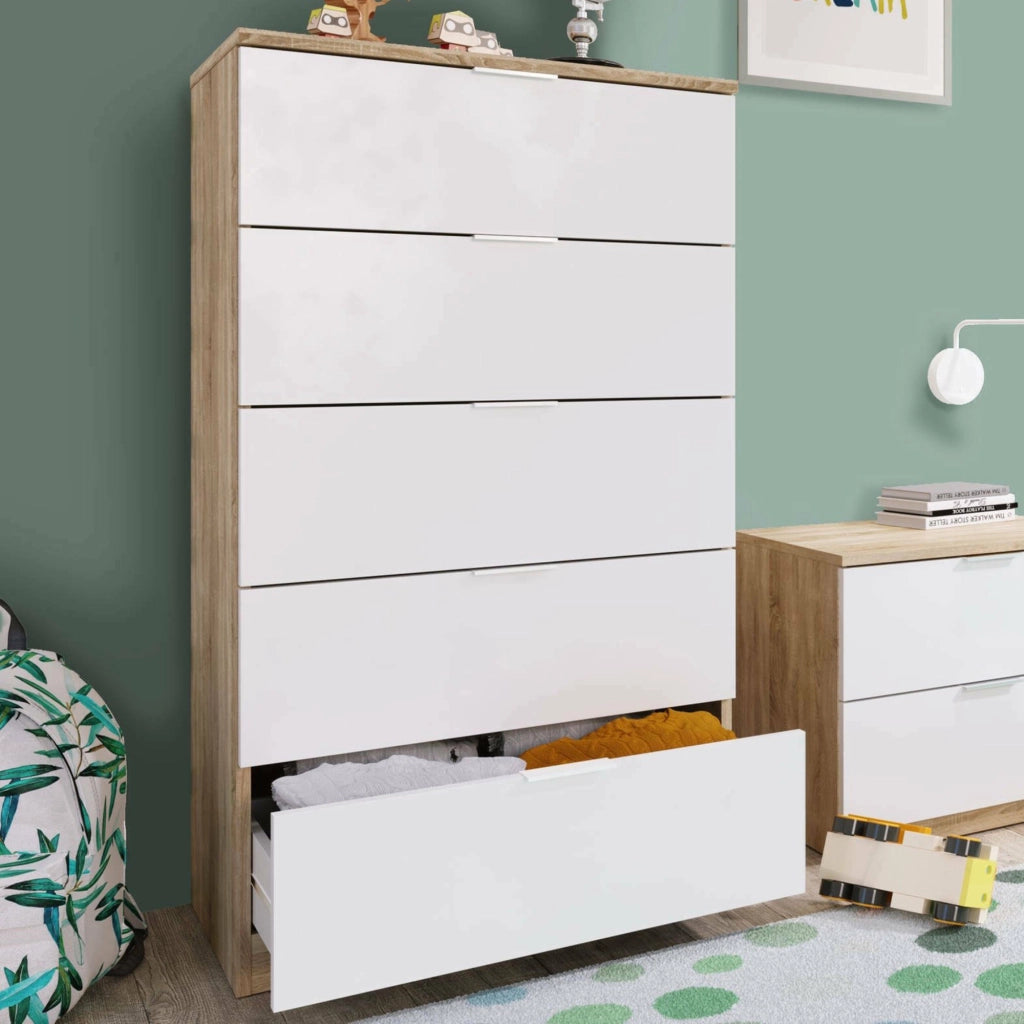 Cassettiera Armenia, Settimanale a 5 cassetti, Mobile ComÒ² per camera da letto, Settimanale moderno, cm 60x40h110, Rovere e Bianco