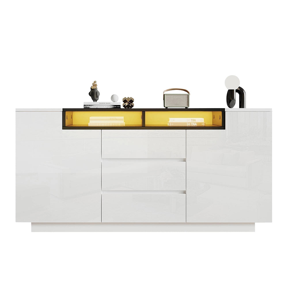 Credenza Soggiorno Angolare 140x40x68cm - Xylo - 2 Ante Lucide con LED Regolabile, Bianco e Nero
