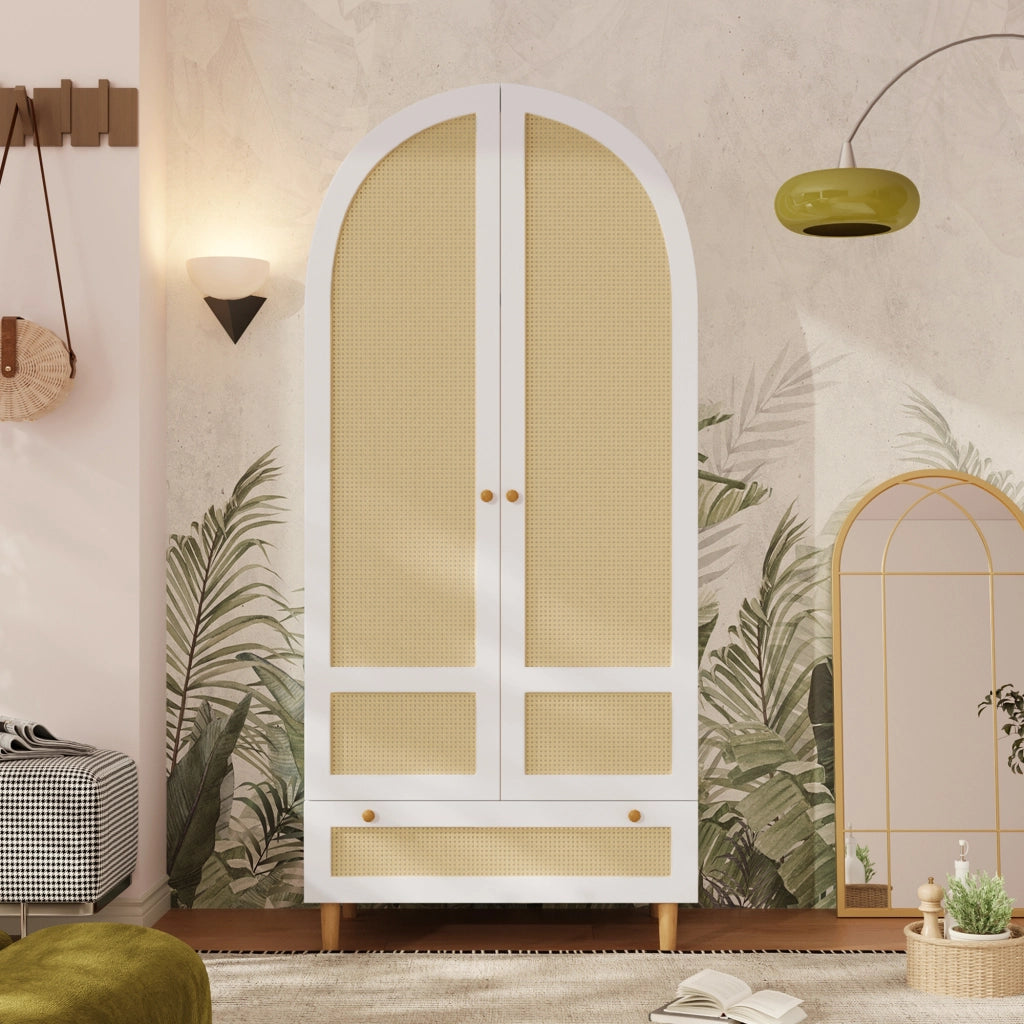 Armadio con asta e cassetto; design ad arco in rattan; per camera e ingresso; in MDF bianco; 80 × 50 × 180 cm