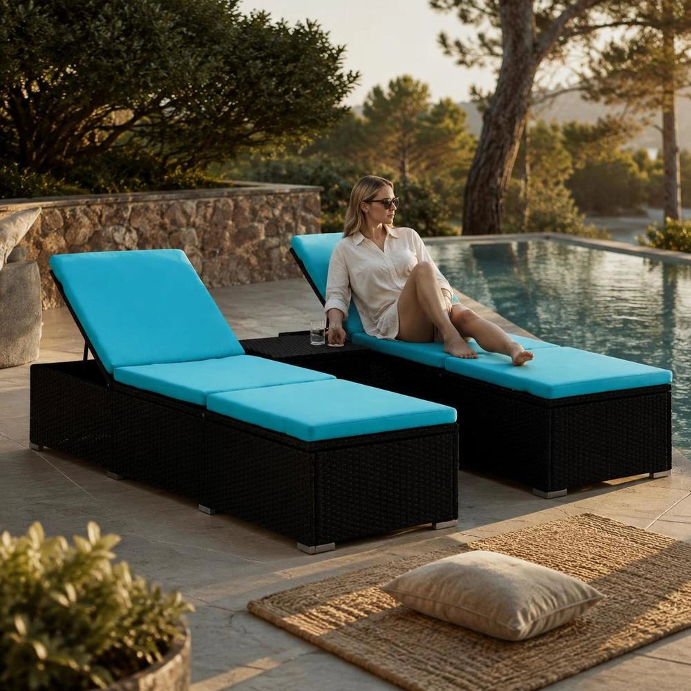 3-piece Garden Sun Loungers With Tea Table, Poly Rattan, Black