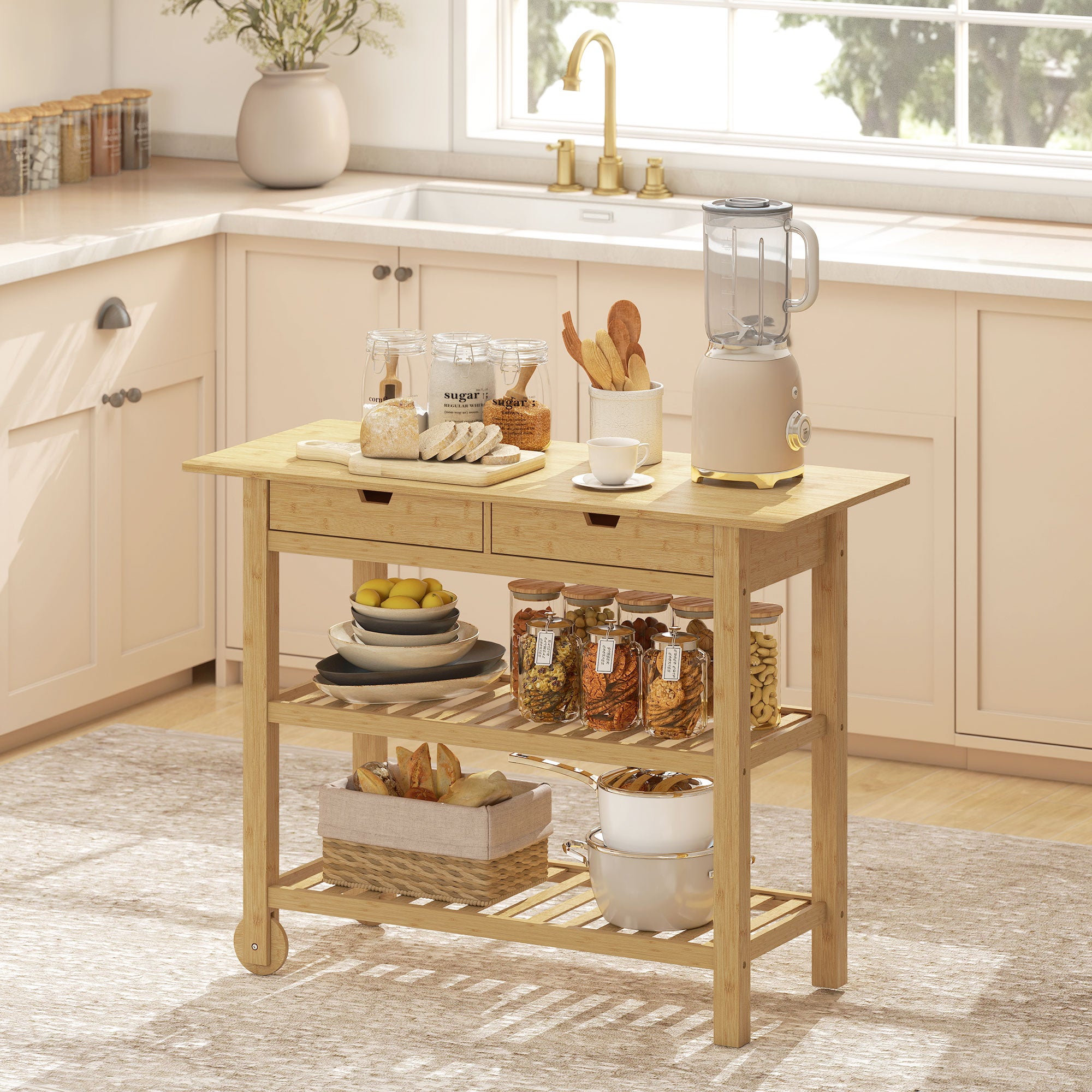 Carrello Cucina 100x43x75 cm con 2 Cassetti 2 Ripiani a Doghe e 2 Rotelle in Legno di Bambù