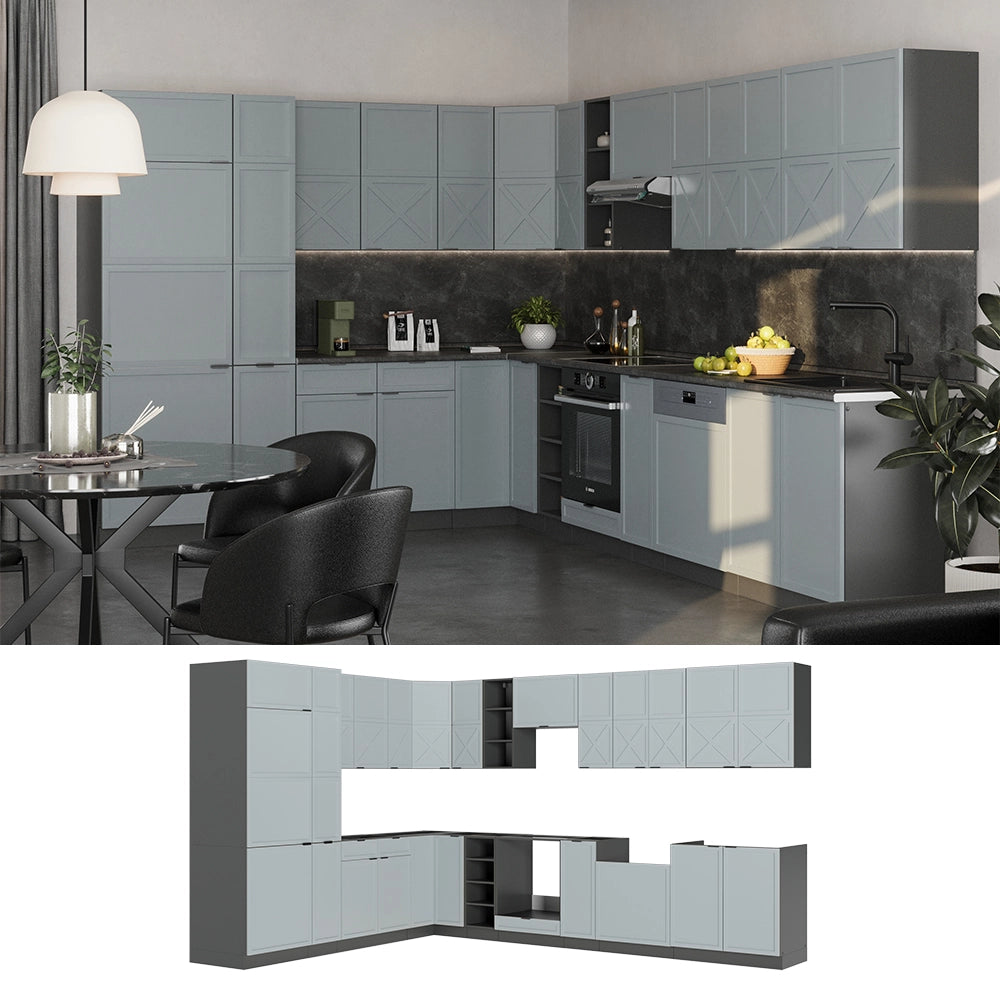 Cucina angolare completa Fame-Line Blu-grigio chiaro/Antracite 347 x 60 cm, PT Antracite Vicco