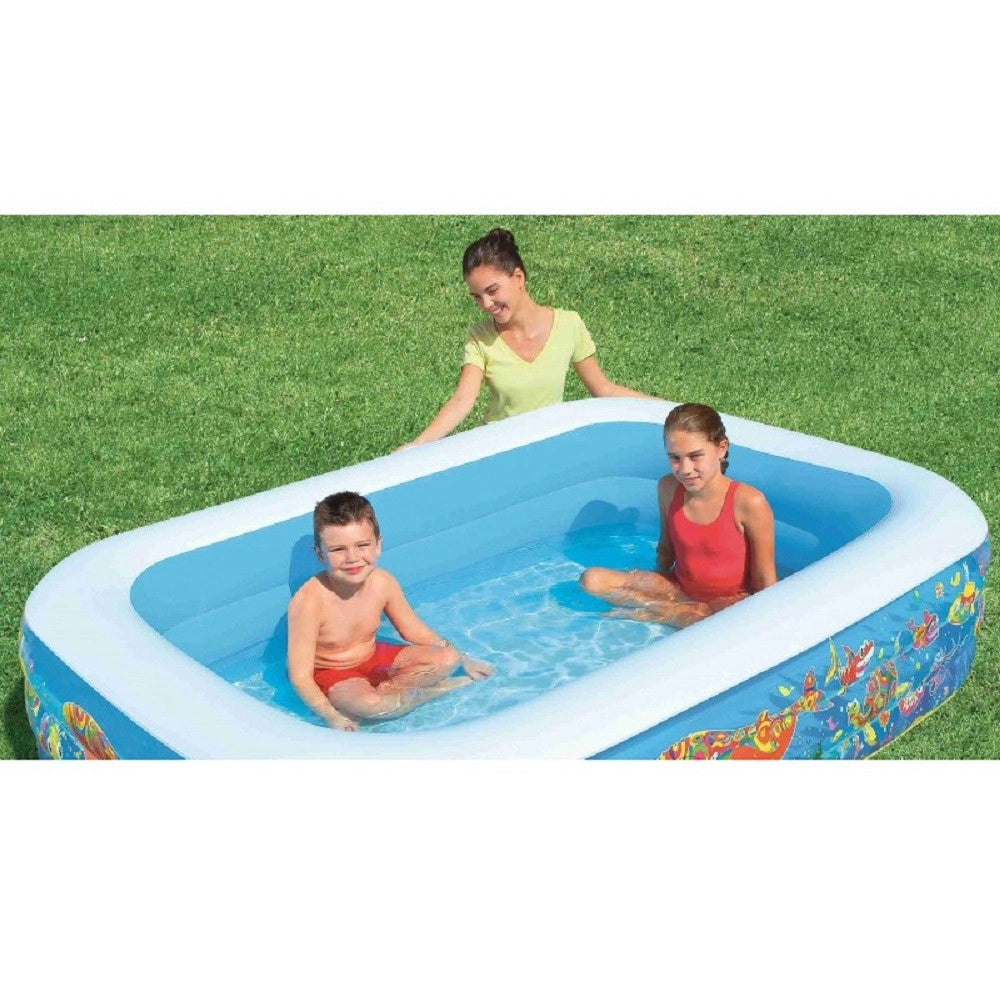 Trade Shop - Piscina Gonfiabile Family Rettangolare 3 Anelli Fantasia Pesci 229x152x56cm 54120 -