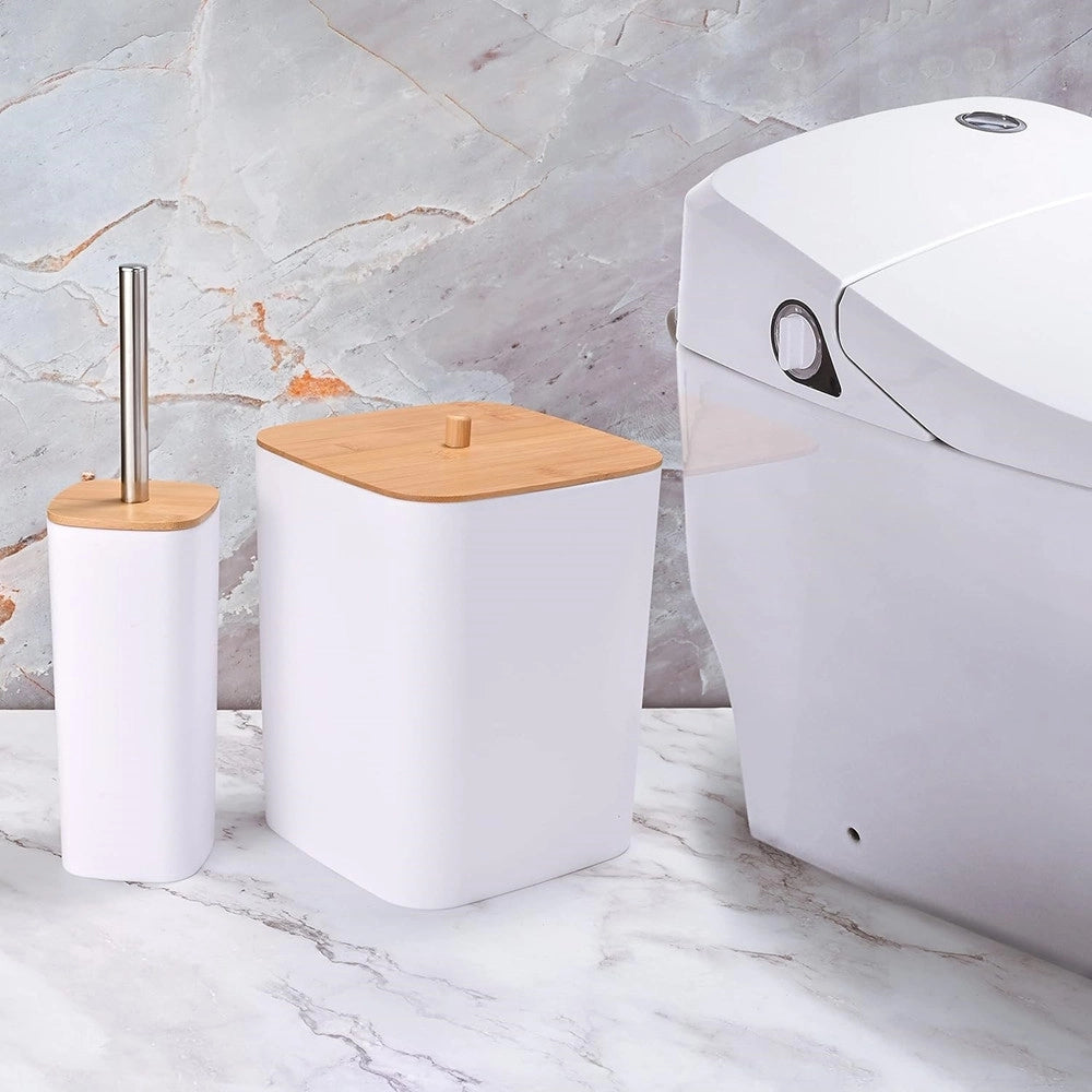 Trade Shop - Set Accessori Bagno In Bambù 6 Pz Moderno Bidone Spazzatura Portasapone Dispenser - Bianco