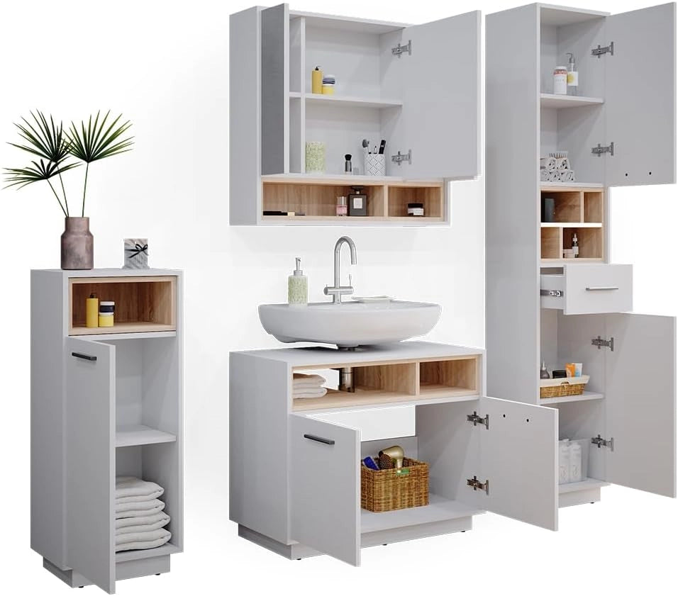 Set mobili bagno Beatrice, Bianco, 80 cm, composto da mobile lavabo, pensile a specchio, colonna e base media
