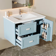 Mobile sottolavabo con lavabo in ceramica, LED a sensore radar, 2 cassetti e vano, per bagno, blu, 76 × 46 × 51 cm