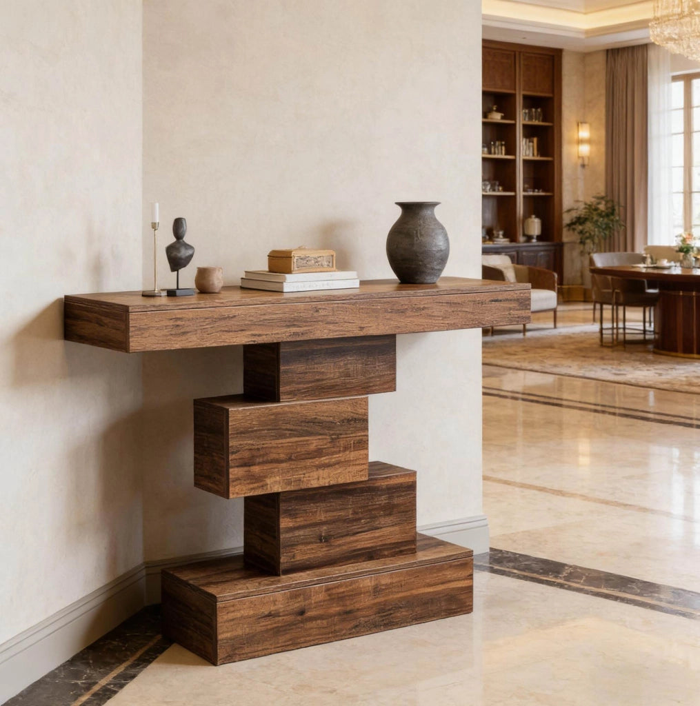 Tavolo consolle marrone scuro 108x30x80 cm con base geometrica