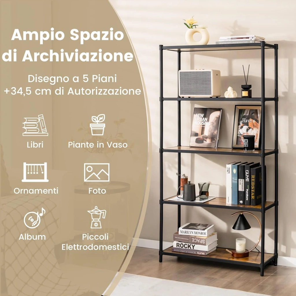 Scaffale a 5 Livelli, Scaffale di Stoccaggio Robusto, Libreria Multifunzionale e Flessibile per Ufficio Soggiorno Camera da Letto e Cucina, 80x29x154 cm