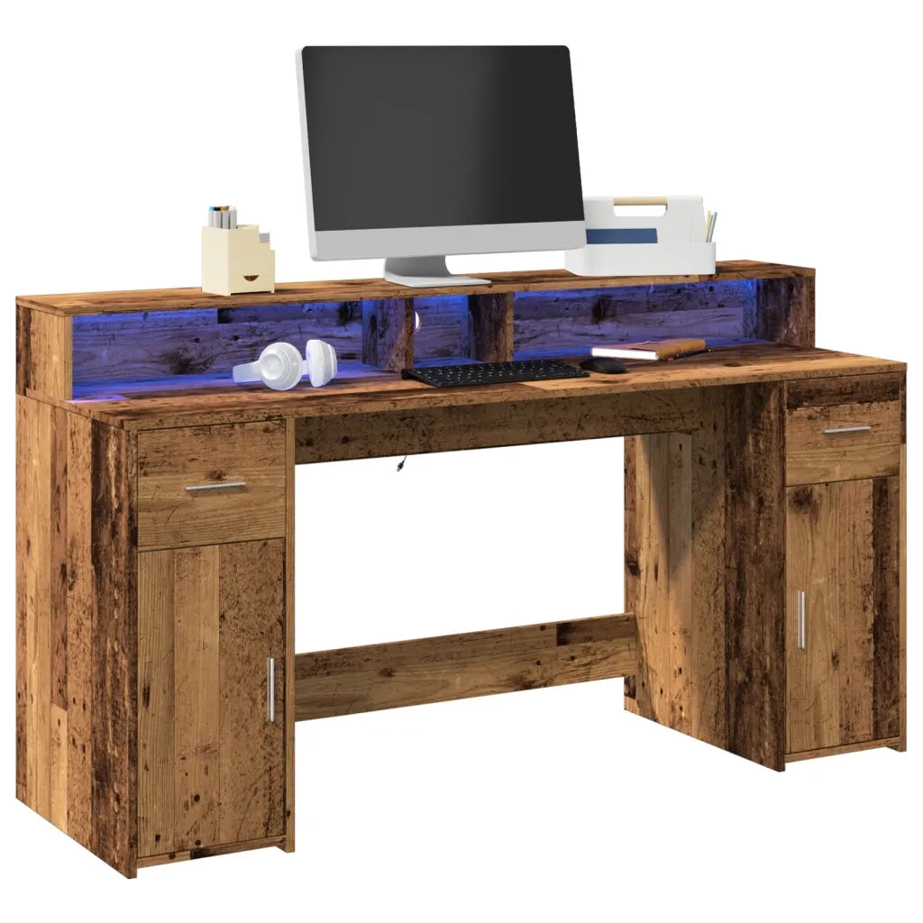Scrivania | Tavolo da Ufficio con Luci LED Legno Antico 160x55x91 cm in Multistrato