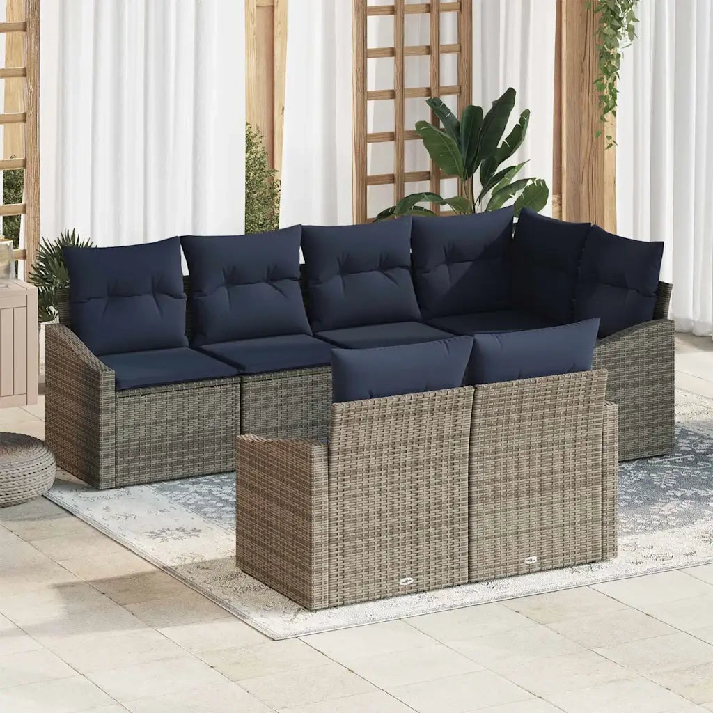 Set Divano da Giardino 7 pcs Grigio e Blu Navy polyrattan