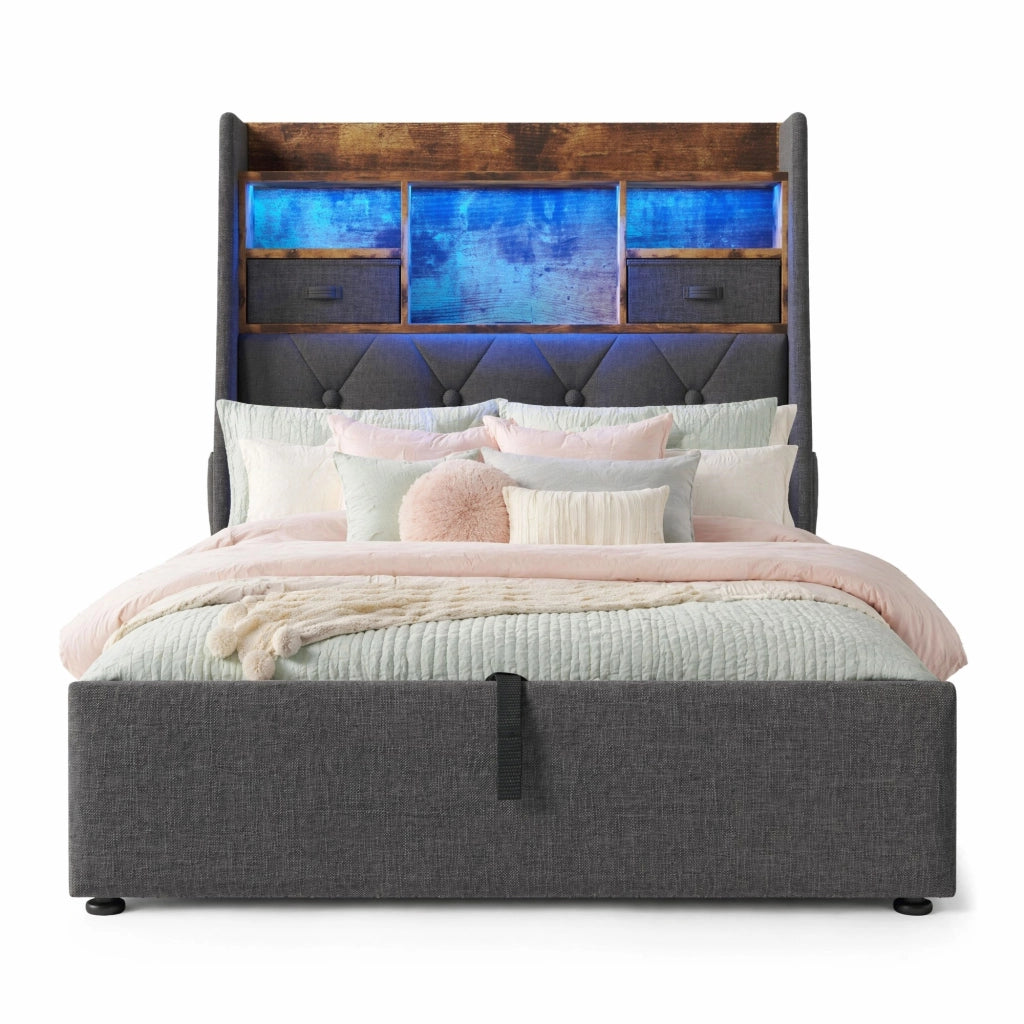 Letto imbottito 90x200 cm con contenitore idraulico; LED e prese USB Type-C; grigio
