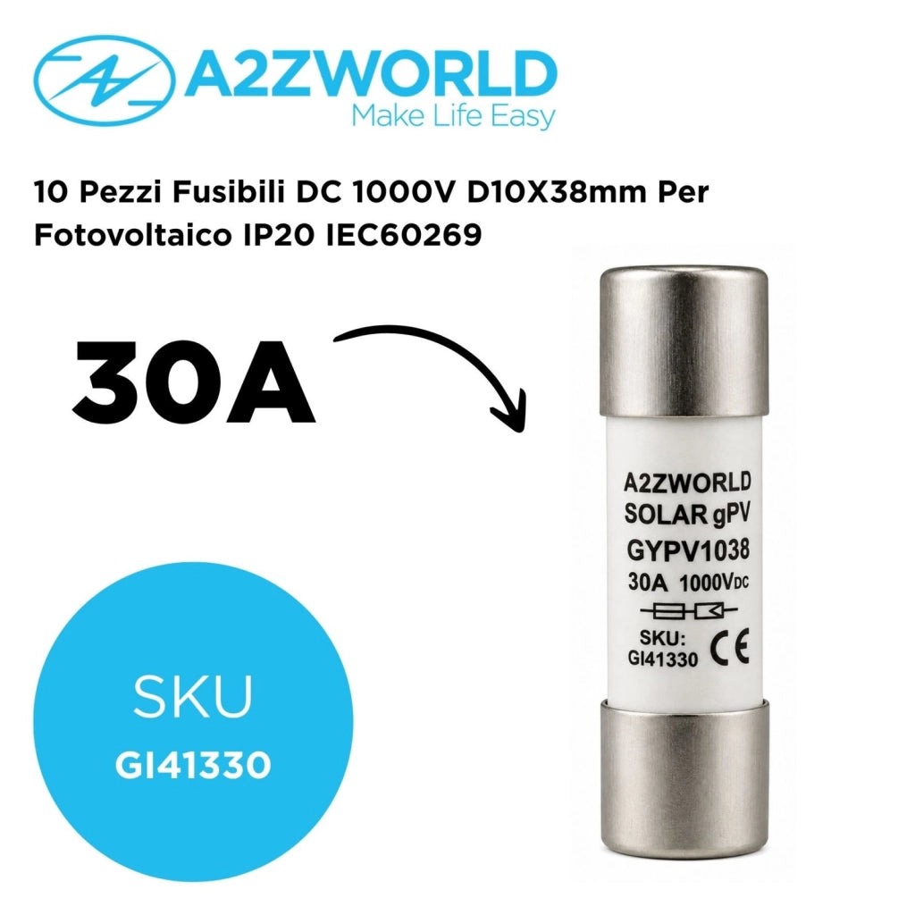 10 Pezzi Fusibili DC 1000V D10X38mm Per Fotovoltaico IP20 IEC60269, Disponibili 15A 20A 25A 30A (30A)