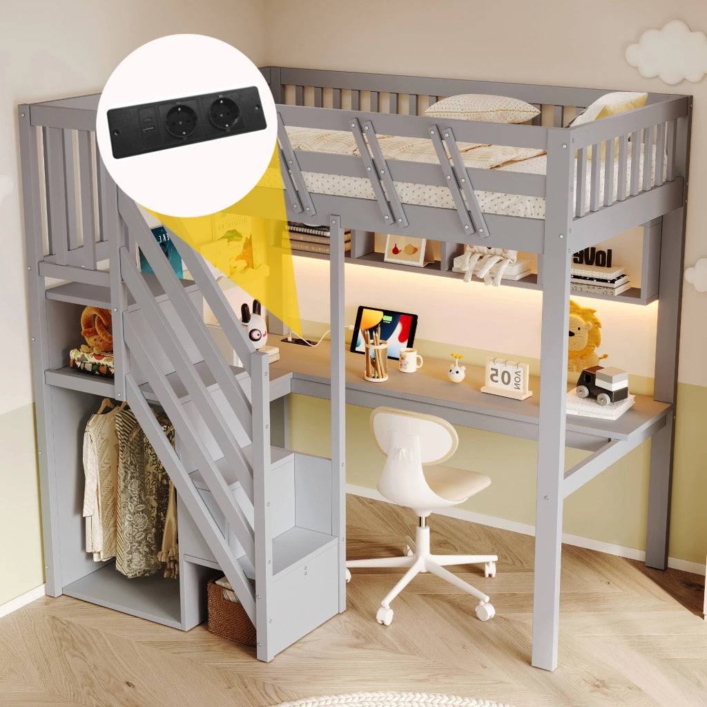 Letto a soppalco 90x200 cm con scala contenitore; scrivania; USB e LED; legno massello grigio