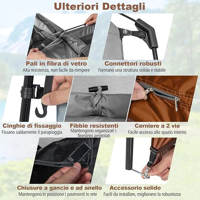 Tenda Spogliatoio da Esterno a 2 Stanze, Tenda da Doccia da Campeggio con Parapioggia Rimovibile, Stendibiancheria e Borsa, Tenda per WC Doccia per Campeggio, Spiaggia e Pesca(Marrone)