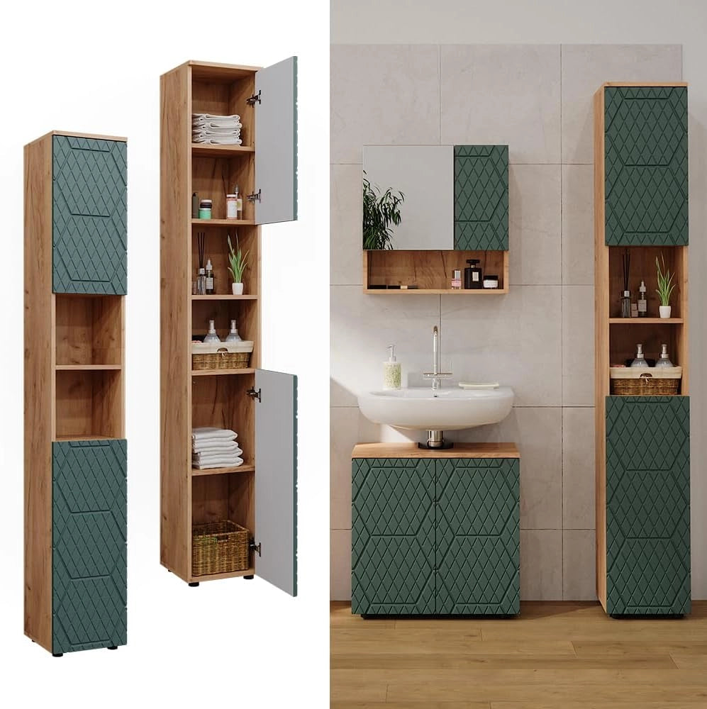 Mobiletto da bagno Irma, Quercia verde/oro, 30 x 192 cm, per la conservazione di accessori da bagno e compatibile con la serie Irma